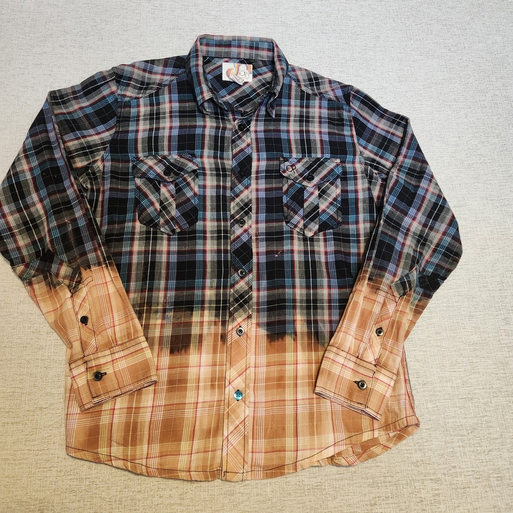Ocean Pacific Button Down Mens L Black Tan Bleached Plaid Dip Dye Long Sleeve